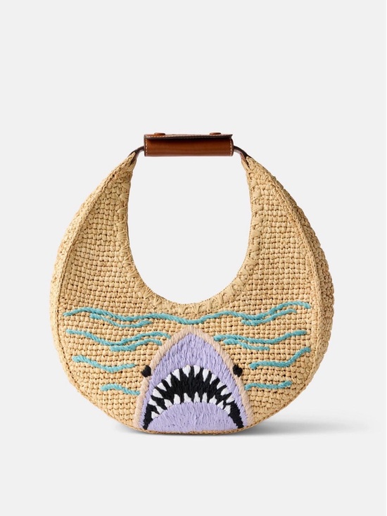 STAUD Handbags - Staud Accessories Moon Tote - Woven Straw Shark Appliqué Bucket Bag